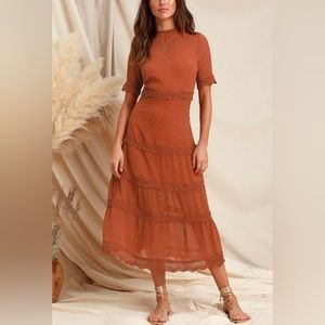 Lulus Dreaming of You Rust Orange Swiss Dot Midi Dress | XS